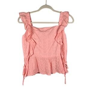 Shein Peach Eyelet Ruffle Shoulder Top Peplum Sleeveless Medium 6 Coquette Boho